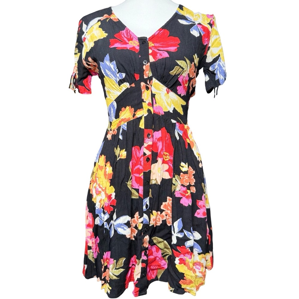 Billabong‎ Floral Mini Dress XS Black V Neck Button Front Boho Summer